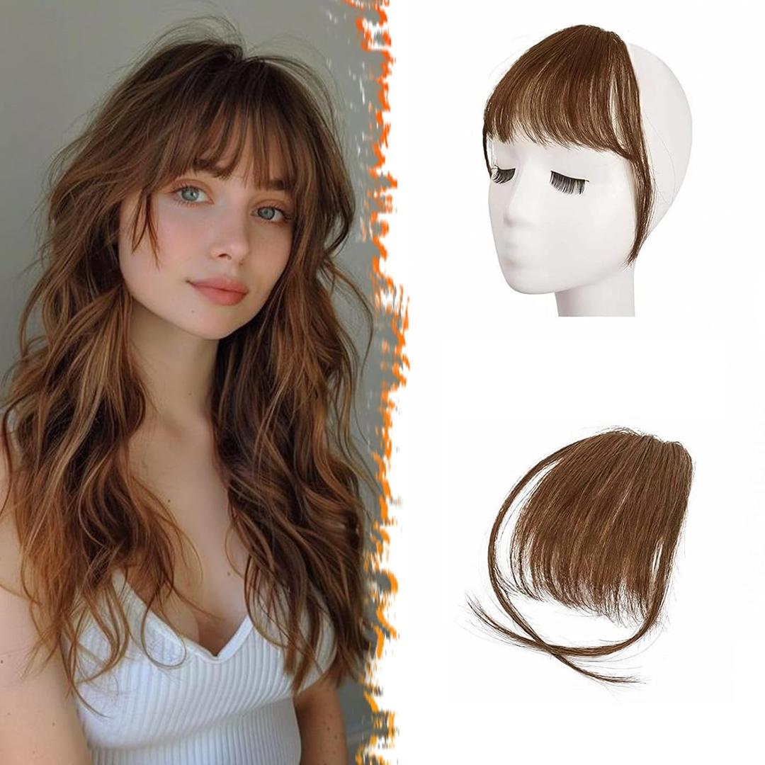 BARSDAR Medium Brown Clip in Bangs Real Human Hair  100% Human Hair Clip in Bangs for Women  Medium Brown Wispy Bang Extensions Real Hair Fringe with Temples Hairpieces
