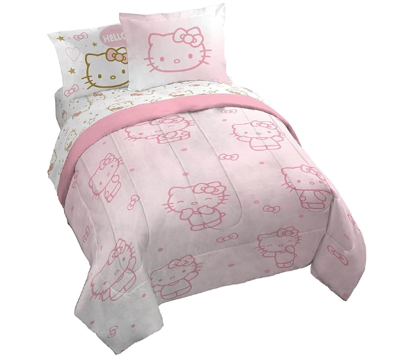 Jay Franco Hello Kitty Queen Comforter Set - 7 Piece Bedding Includes Sheet Set & Pillow Covers - Super Soft Pink Bedding