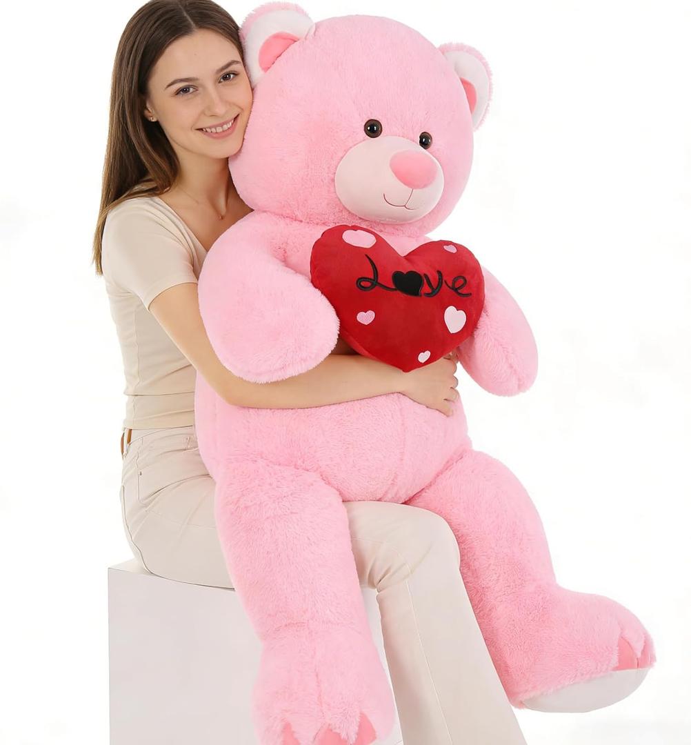 MaoGoLan 51inch Big Pink Teddy Bear Valentines Gifts for Girls Women - Pink Stuffed Bear Cute Plush Toy with Red Heart, Soft Cuddly Stuffed Animal for Girlfriend Wife Daughter, 50 Inch