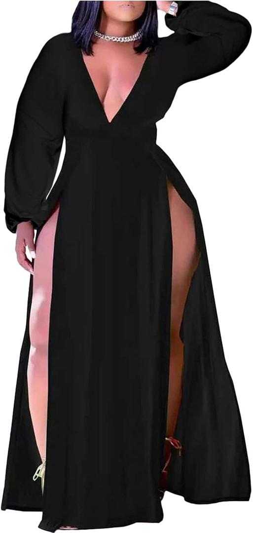 Ekaliy Women's Plus Size Sleeveless Deep V Neck Front Split Long Maxi Wrap Dress (Medium, 2#black)