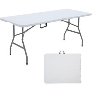 6FT Dining Table, Foldable Plastic Utility Table, Indoor Outdoor Camping, Picnics and Parties, White, Load Capacity 330 lbs