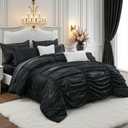 Bedorm Black Satin Comforter Set 9 Pcs Queen Size Ruched Bedding Set Pintuck Pinch Pleat Silky Bedding Comforter Luxury Black Bed in A Bag with Comforter, Sheeet Set, Pillowcases & Cushion Cover