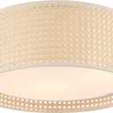 WINGBO 20" Modern 5-Light Flush Mount Ceiling Light Fixture with Rattan & Fabric Double Drum Shade for Bedroom Living Room Dining Room Hallway Entryway, Khaki