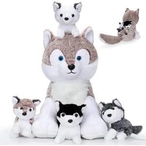 Miguelina 5PCS Wolf Plush Toys - 13.4 Inch Wolf Mom with Little Mini Babies Stuffed Animal Plush Huggable Cuddly Fluffy Wolf Plushie Family Set Easter Gifts