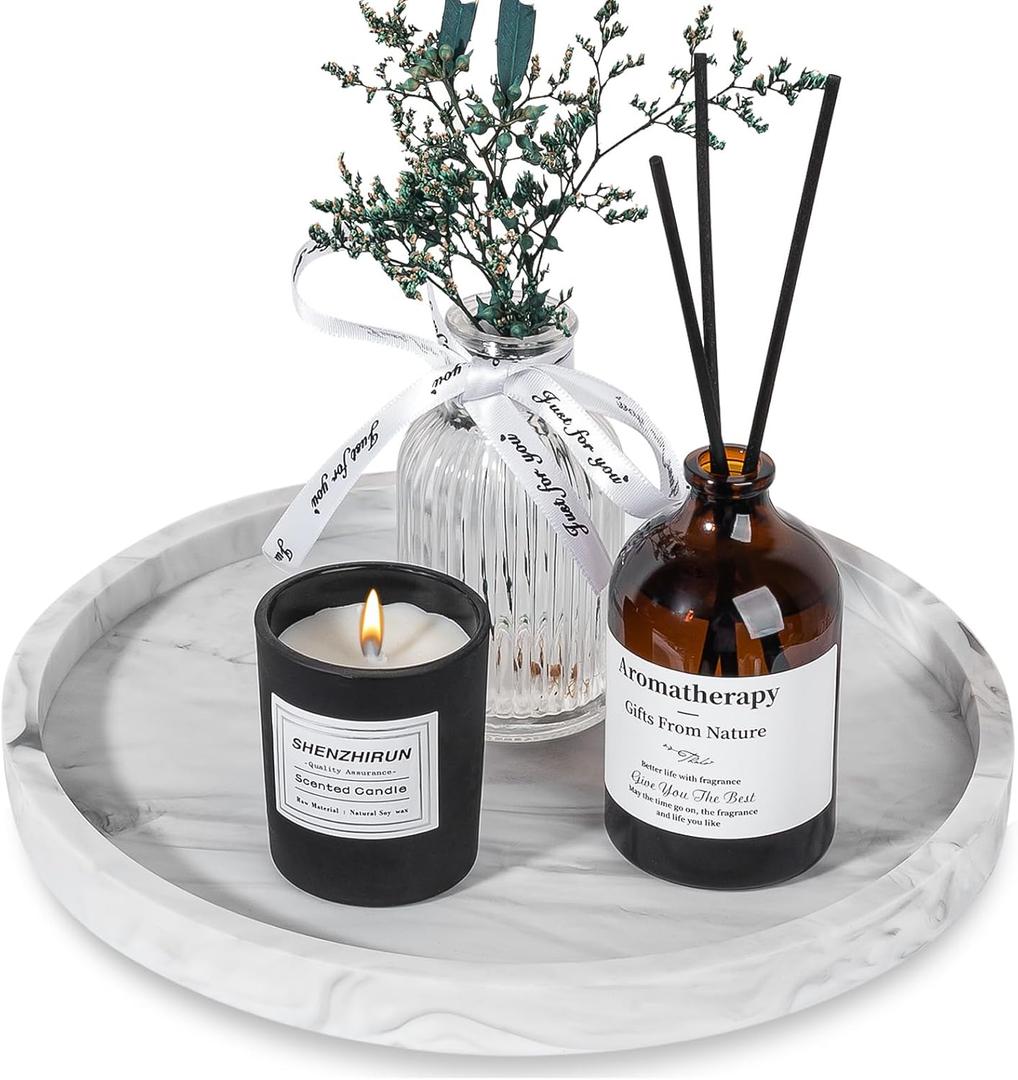 Silicone Bathroom Tray Round Vanity Tray Decorative Soap Holder Kitchen Countertop Organizer Coffee Table Decor for Candle, Perfume, Plant, 9 Inch, Marble Grey