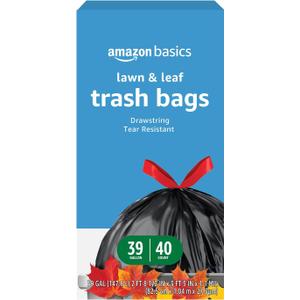 Basics Lawn & Leaf Drawstring Trash Bags, 39 Gallon, 40 Count, Black, Unscented