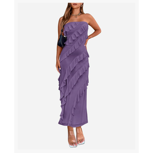 LBTFBM Women Summer Elegant Strapless Midi Ruched Bodycon Dress Solid Color Stretch Mesh Slim Party Cocktail Dresses, XL