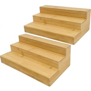 Spice Rack Organizer for Cabinet, Bamboo Spice Shelf 3 Tier Step for Cabinet & Countertop, Kitchen Pantry Storage for Seasonings, 2 Pack