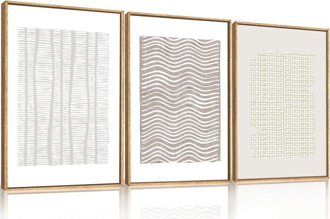 Large Abstract White and Beige Framed Canvas Wall Art,Geometric Dot and Line Wall Decor,Modern Wave Lines Artwork,Neutral Minimalist Shapes Art Print for Living Room,Bedroom,Office- 16"x24"x3