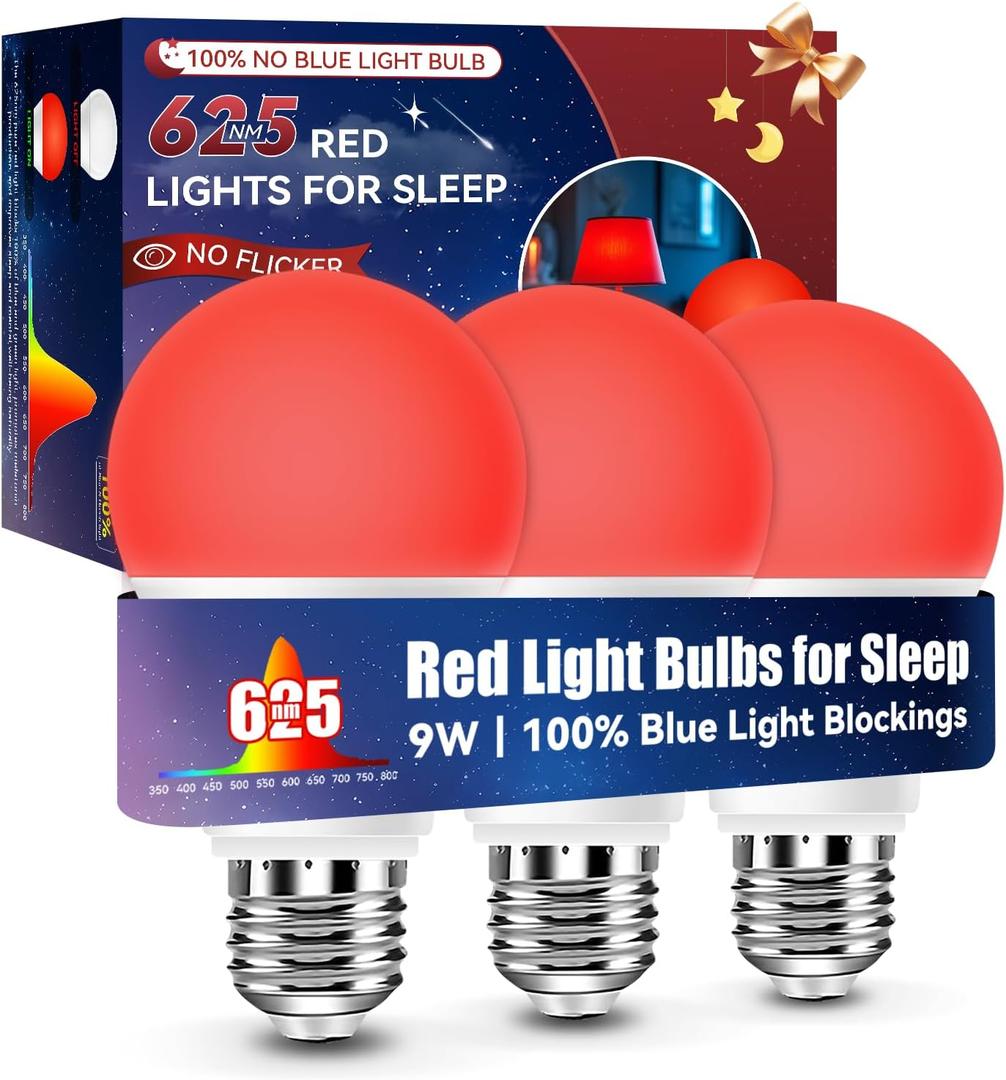 Neporal 625nm Red Light Bulbs for Sleep, 100% Blue Light Blocking Light Bulbs for Melatonin Promoting, A19 LED 9W 60W Equivalent Dim Red Night Light Bulb for Baby Nursery, Sleeping, Reading, 3-Pack