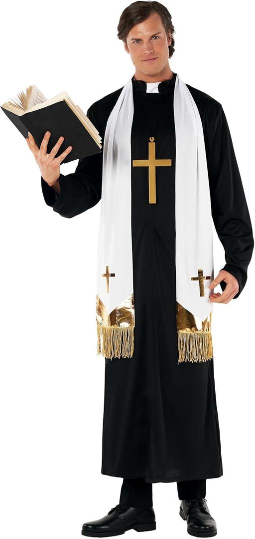 Morph Priest Costume Men Exorcist Outfit Adult Priest Costume With Collar Plus Accessories For Halloween Party (Large)