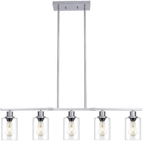 3WWWUEE 39.4" Kitchen Island Lighting, 5 Lights Clear Glass Pendant Light Fixtue, Chrome Linear Metal Chandelier for Dining&Living Room Foyer, Height Adjustable, E26 Socket