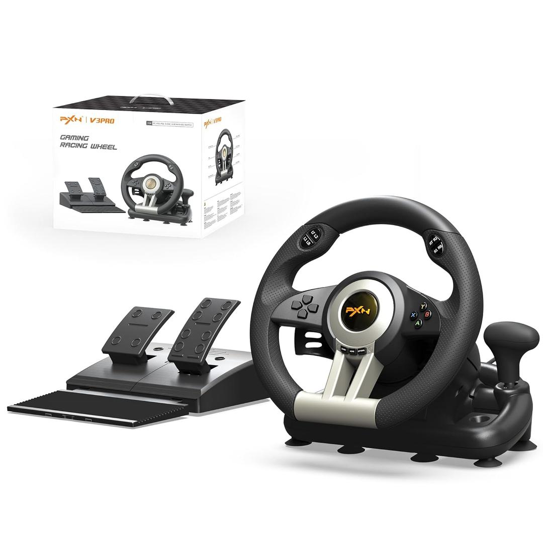 PXN PC Racing Wheel, V3 PRO 180 Degree Universal Usb Car Sim Race Steering Wheel with Pedals for PC, PS3, PS4, Xbox One, Xbox Series X/S, Switch (Black)