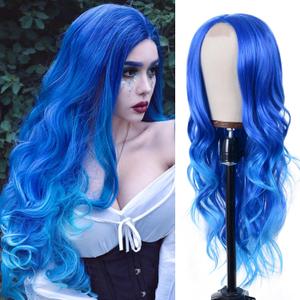 Long Wavy Blue Wig for Women 26inch Blue Ombre Wigs Synthetic Hair Looking Natural Heat Resistant Fiber Wigs for Daily Party Halloween Use