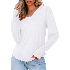 Dokotoo Women's Casual Long Sleeve Shirts Shirred Shoulders Solid Color Knit Tops Blouses (White)
