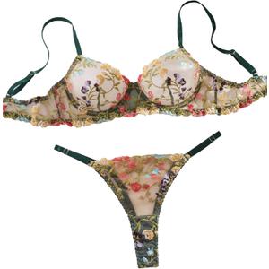 Sexy Floral Embroidered Flower Mesh Underwire Push Up Lingerie Set (Green, XL)