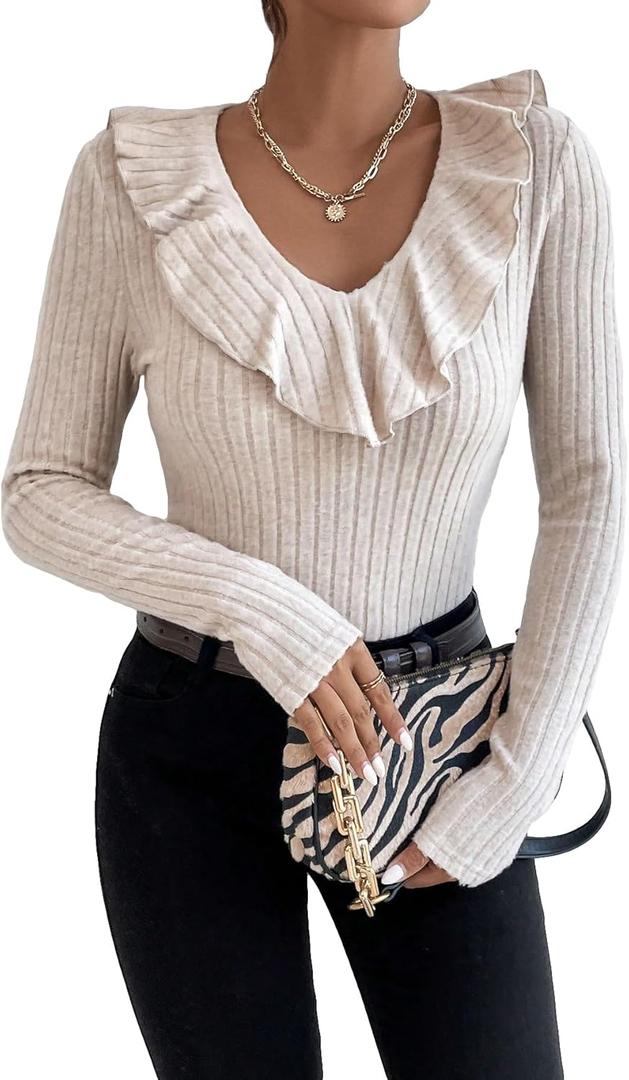 WDIRARA Women's Ruffled V Neck Ribbed Knit Tee Stretch Long Sleeve Sweater Casual Textured Tops, S