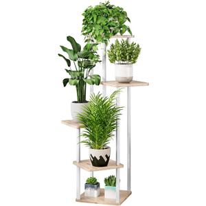 AZERPIAN Plant Stand 5 Tier Indoor Metal Flower Shelf for Multiple Plants Corner Tall Flower Holders for Patio Garden Living Room Balcony Bedroom (5 Tier-White+Sonoma Oak)