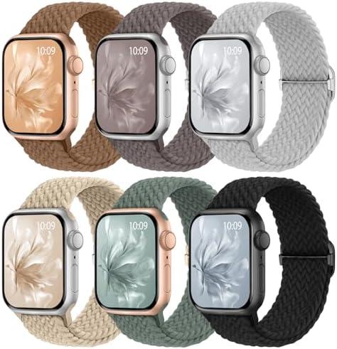 6 Pack Braided Stretchy Bands Compatible with Apple Watch Band 38mm 40mm 41mm 42mm 44mm 45mm 46mm 49mm Women Men, Adjustable Nylon Solo Loop Elastic Straps for iWatch Series 11 10 9 8 7 6 5 4 SE Ultra
