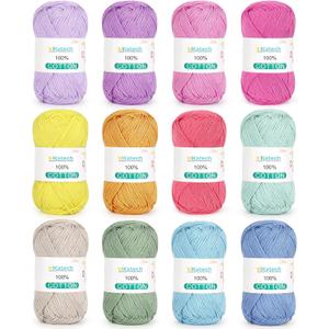 Katech 1OO% Cotton Yarn for Crocheting & Knitting–12-Color of 137 Yards/1.76 oz Baby Cotton Yarn Sport Weight CYC #2-Soft & Breathable-Ideal for Dishcloths, Baby Clothes, Potholders