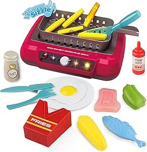 Cewuky Kids Play Kitchen Accessories Toy Set, Toddler Fryer Toy Kitchen, Camping Cooking Playset with Color Changing Play Food, Kids Kitchen Playset with Sound & Light, Kids Toys for Ages 3-5 5-7