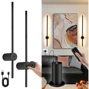 Battery Operated Wall Sconces with Remote Control, USB Rechargeable Wall Lights Wireless, Dimmable LED Wall Sconce Set of 2, 360 Rotation Adjustable Wall Decor for Living Room Bedroom, Black, 24 Inch