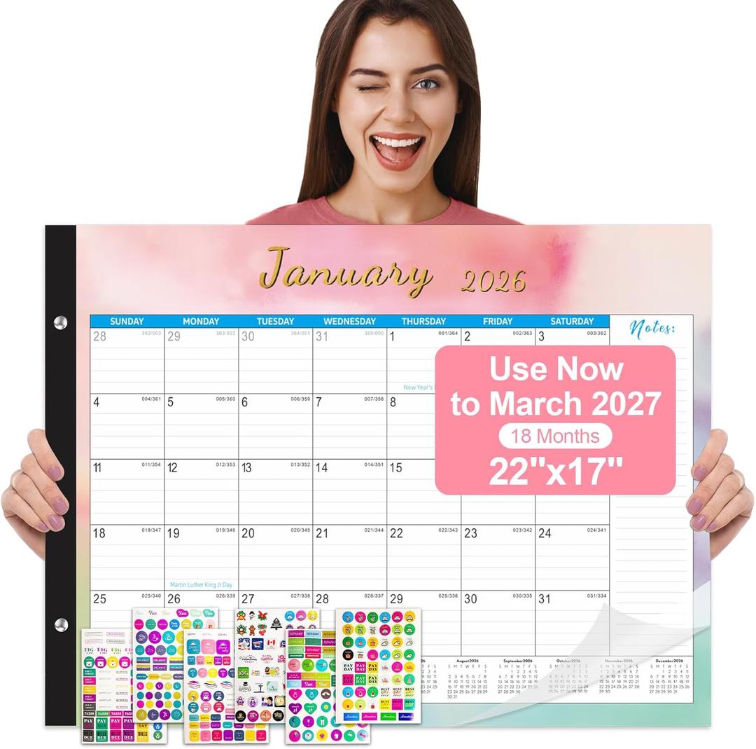 Gannyfer Desk Calendar 2026, 2026 Desk Calendar Large 22"x17", Use Now to March 2027, 18 Month Yearly Desktop Calendar 2026 with Notes, 2026-2027 Calendar for Family, Office, and School(6 Stickers) (Colorful)