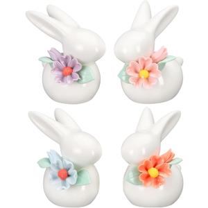 Amyhill 4 Pcs Bunny Figurine Decorations Mini Ceramic Rabbit Figurines Cute Porcelain Bunny Decor Spring Rabbit Ornament with Flowers for Summer Tabletop Centerpiece Office Room Home Decor