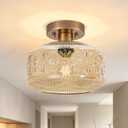 Semi Flush Mount Ceiling Light, Vintage Small Ceiling Light Fixture, Thickened Glass Hallway Lighting Fixture, Brass Kitchen Ceiling Mount Lighting with Amber Glass for Bedroom, Bathroom, Porch