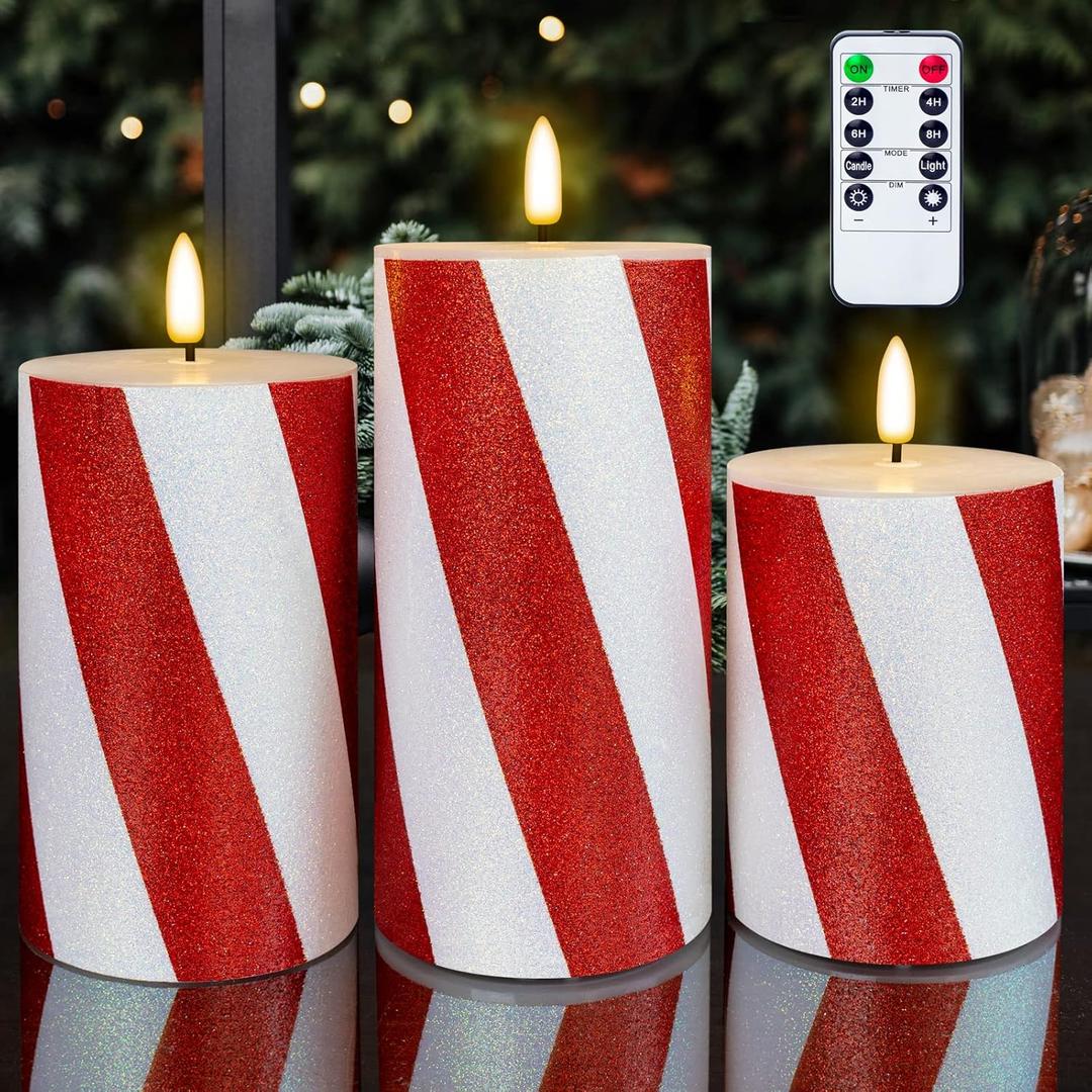 Christmas Flameless Candles Real Wax Red Battery Operated Pillar Candles with Remote Flickering Flame 3D Wick LED Electric Candles for Christmas Home Decoration D3 x H4 5" 6" Set of 3 (Thick Stripes)
