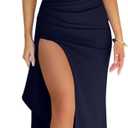 Memoriesea Women's Sexy Plunge Neckline Bodycon Ruched High Slit Party Maxi Dress (Large, Navyblue)