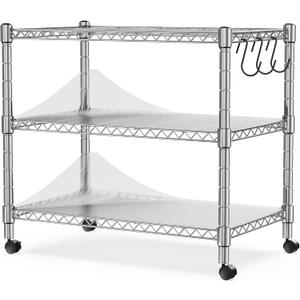 Heavy Duty 3-Shelf Shelving Unit, 24.02" W x 13.78" D x 21.97" H Chrome Steel Storage Rack with Wheels, 2 PP Shelf Liners and Hooks, Adjustable Under Desk Organizer for Kitchen, Office, Garage, 3-Tier, Set
