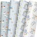 Pack of 2, SaringSwoon Baby Shower Wrapping Paper for Boys Birthday Baby Shower - Blue Gift Wrap With Funny Animals, Airplane, Rainbow, Elephants, Balloon and Baby Boy Design - 20×29 Inches, 8 Folded Sheets