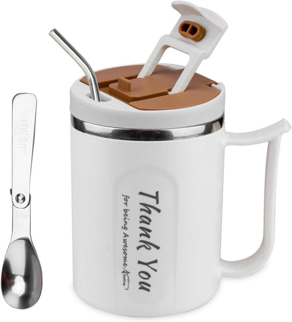 SunKrop Coffee Cup with Straw and Spoon 17OZ/500ML Stainless Steel Tumbler Office Mugs with Handle and Lid, Appreciation Gifts for Coworkers Employee Teacher Friends Family