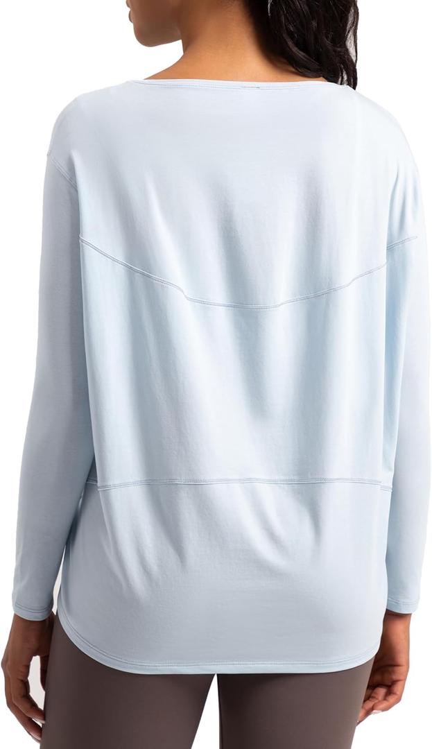 Cotton Shirts Long Sleeve Workout Tee for Women Loose Fit Athletic Yoga T-Shirts Casual Boat Neck Fall Tops (Blue, S)