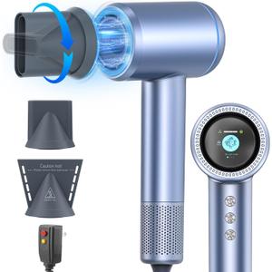 AOMEES Hair Dryer, 1600W Professional High Speed Ionic Hair Dryer with HD Display, 4 Temperature Modes and 3 Speed with Memory Function, Sky Blue, Metal