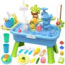 21" H Play Sink with Running Water, 4in1 Kids Kitchen Sink Toy with Electric Faucet, Mini Water Table with Detachable Legs, Fishing Game, Pretend Play Dishwasher Gift Set for Boys & Girls(Blue)