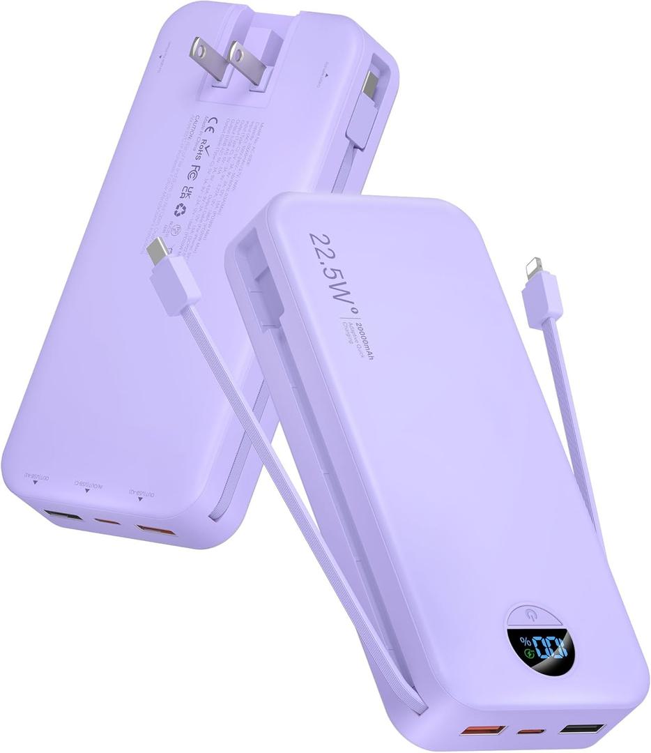 Portable Charger Power Bank, 20000mAh 22.5W USB C Fast Charging with Built-in Cables & Wall Plug, External Battery Pack with LED Display, Travel Essentials for iPhone, iPad, Samsung Purple