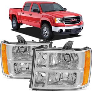 Headlight Assembly Compatible with 2007-2013 GMC Sierra 1500/2007-2014 Sierra 2500HD 3500HD Headlamps Replacement, Chrome Housing Clear Lens (Does Not Fit 2007 Classic Styles)