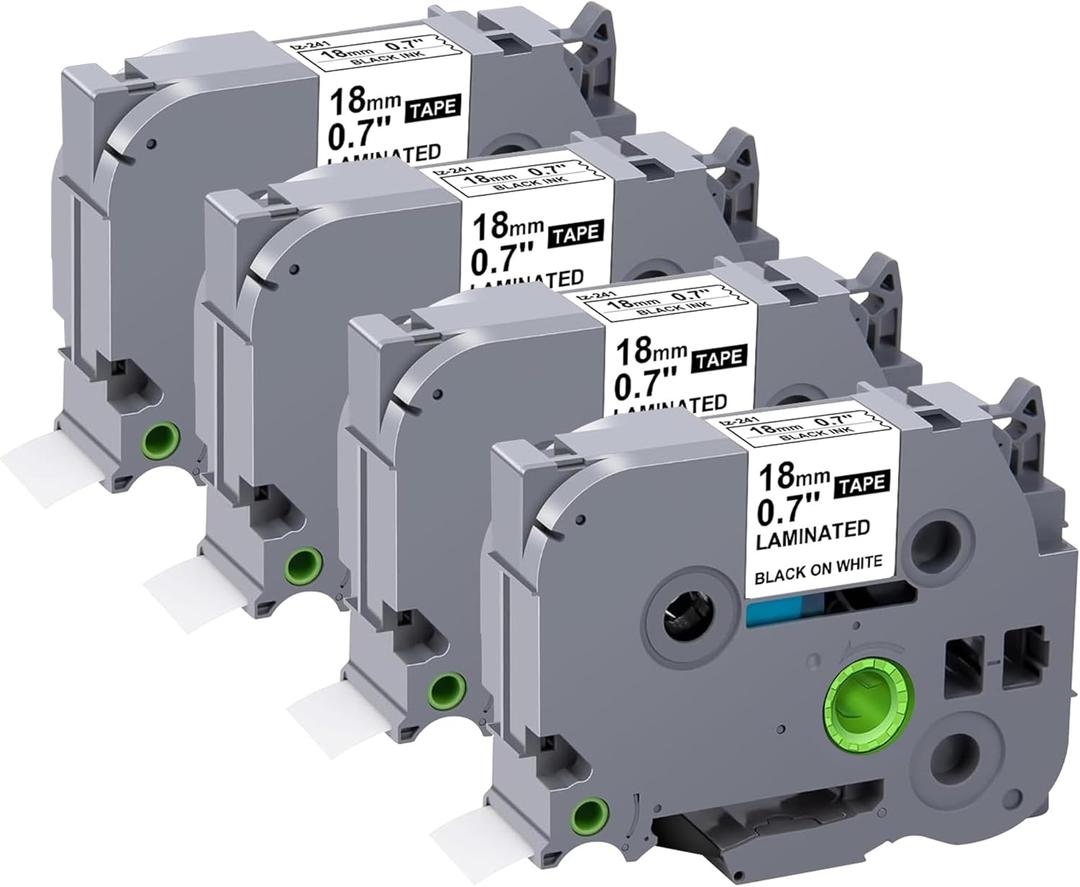 TZe-241 Label Maker Tape 18mm 0.7 Laminated White Replacement for Brother P-Touch Label Maker Refills TZe241 Black on White 3/4 Inch TZe Tz Tape Work with Brother PT-D400 PTD410 PTD600, 4-Pack