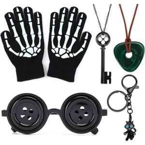 Button Eyes Glasses Skeleton Gloves Key Green Stone Necklace Black Cat Keychain Halloween Costume Cosplay Jewelry for Women Men (13+)