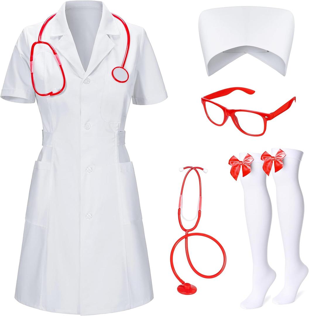 TOKYO REVENGERS Women 5Pcs Halloween Nurse Costume Set Doctor Outfit Lab Coat Nurse Hat Cosplay Party Costume Accessories (XX-Large, White)