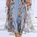 LOZ Womens Summer Dresses 2025 Blue Floral Puff Short Sleeve V-Neck Belt Midi Dress Fashion A-Line Wedding Guest Dresses (Blue, M)