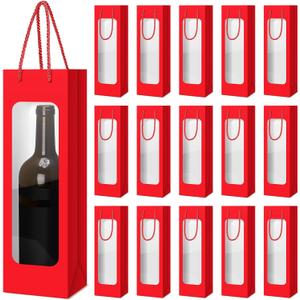 Tioncy 24 Pcs Valentines Day Single Wine Bottle Gift Bag Bulk Wedding Champagne Boxes with Clear Window Handles Reusable Holiday New Year Party Favor(Red)