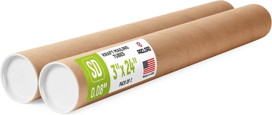 3" x 24" Reinforced Kraft Paper Mailing Tube, Pack of 2 Tubes with 4 Caps – Secure US Poster Tube – Made in USA Cardboard Tube for Shipping and Storing Posters, Prints, Artwork