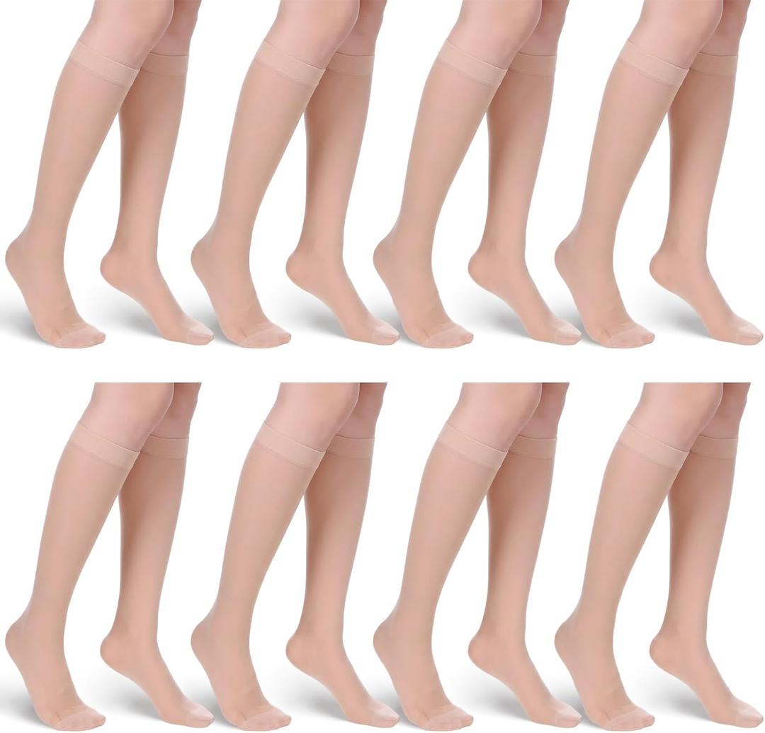 cobee 8 Pairs Knee High Stockings For Women, Knees Highs Nylons With Reinforced Toes, Highs Elasticity Knee High Pantyhose (Skin)