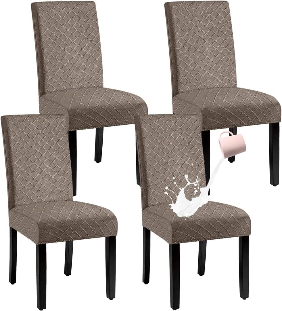 Waterproof Dining Chair Cover,Spandex Fabric Fit Stretch Chair Slipcover,Removable Washable Jacquard Parsons Chair Covers (Taupe, Set of 4)