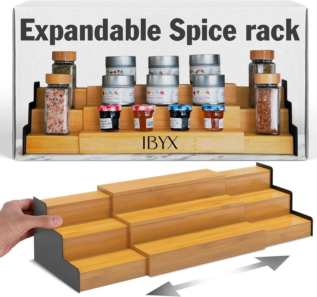 Ibyx Premium 3-Tier Spice Rack Organizer for Cabinet - Expandable Bamboo Spice Storage - Non-Skid Countertop Step Spice Shelf - Great for Kitchen Cabinet, Countertop, Cupboard, Pantry (Natural)