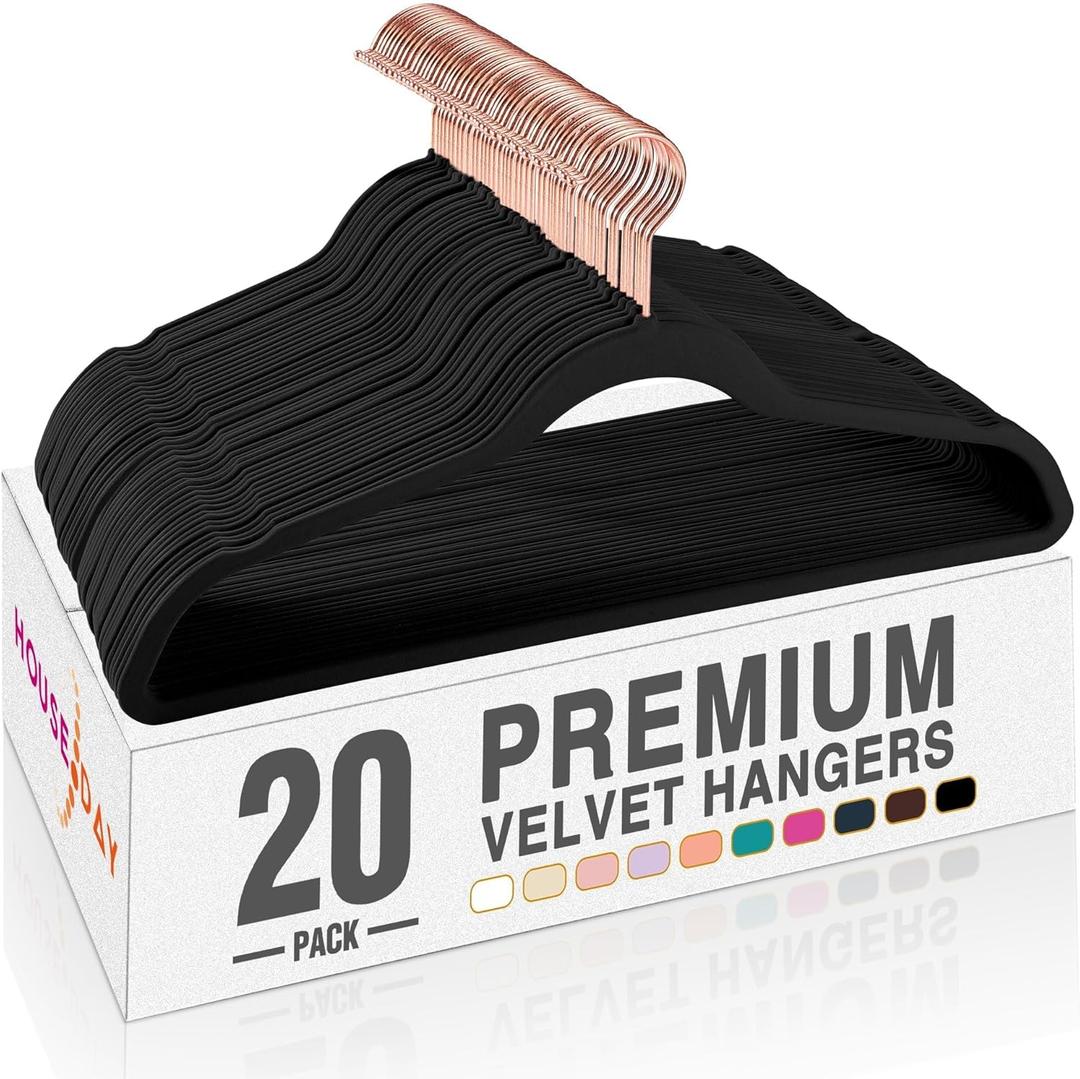 HOUSE DAY Black Velvet Hangers 20 Pack, Premium Non-Slip Felt Clothes, Sturdy Heavy Duty Coat, Durable Hangers for Suits, Space Saving with No Hanger Mark, 360 Swivel Rotating Rose Gold Hook
