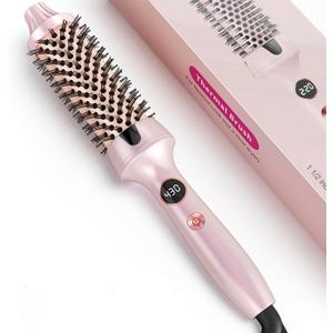 Thermal Hair Brush for Blowout Look, 1.5 Inch Heated Round Brush for Natural Curl,Ionic Curling Iron Wand with Dual Voltage, Volumizing Smoothing Hot Round Brushes, Light Pink